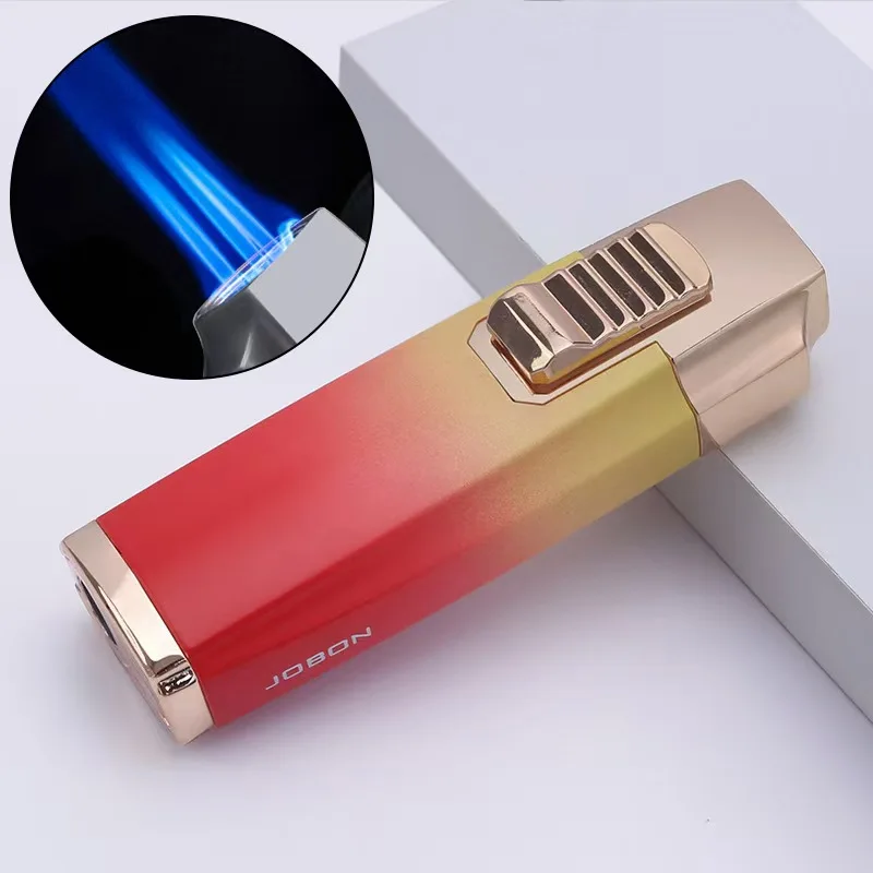 Cigar Gas Lighter, Strong Straight-forward Three Flames, Metal Visible Gas Chamber Windproof Inflatable Lighter