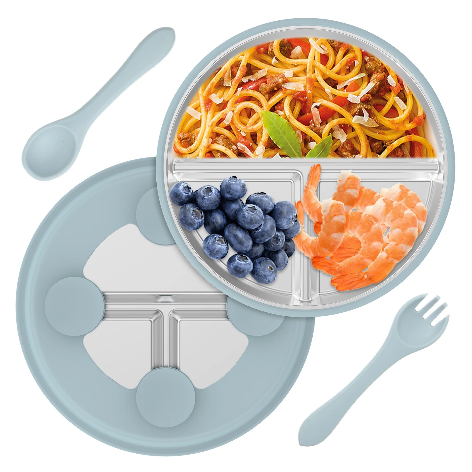 

2Pcs Stainless Steel Toddler Plate with Suction Non Slip Kids Divided Plates with Removable Silicone Sleeves for Kids Toddlers