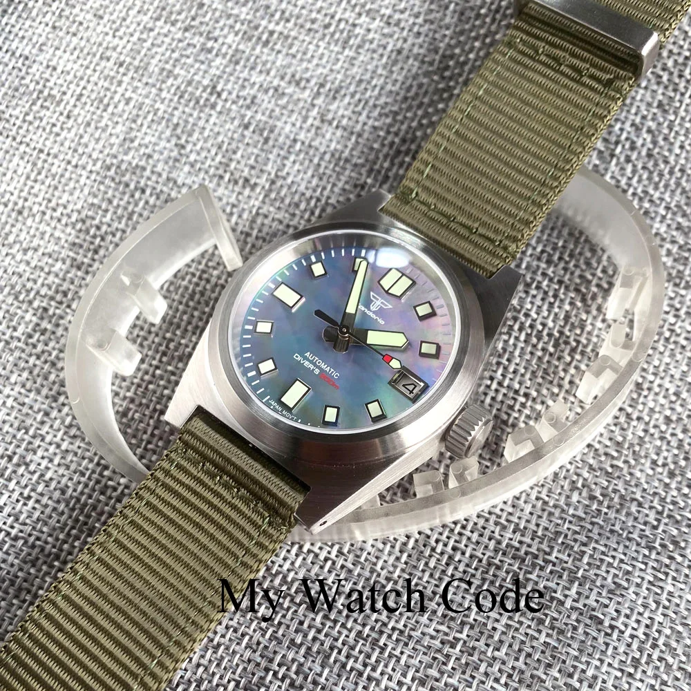 Tandorio MOP Dial 200m Dive Automatic Watch Men Steel 62mas Pilot Wristwatch AR Sapphire Military Clock Olive Green Nylon Strap