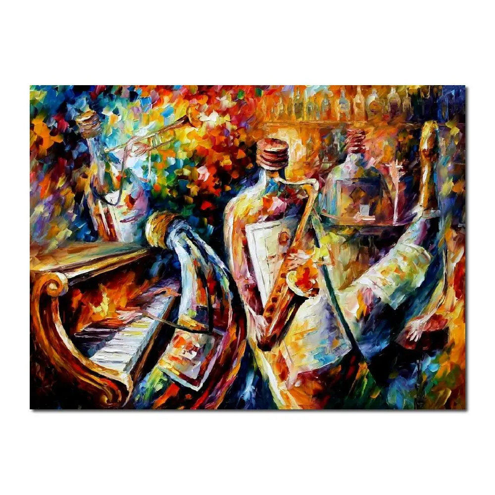 

Still Life Abstract Canvas Art Bottle Jazz Handmade Oil Painting Contemporary Musical Artwork for Music Room Bar Decor Colorful