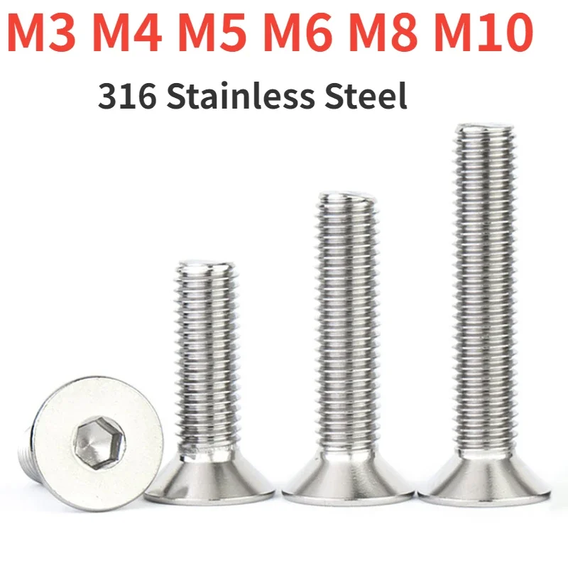 M3 M4 M5 M6 M8 M10 316 Stainless Steel Countersunk Hex Socket Flat Head Screw Length 4-100mm