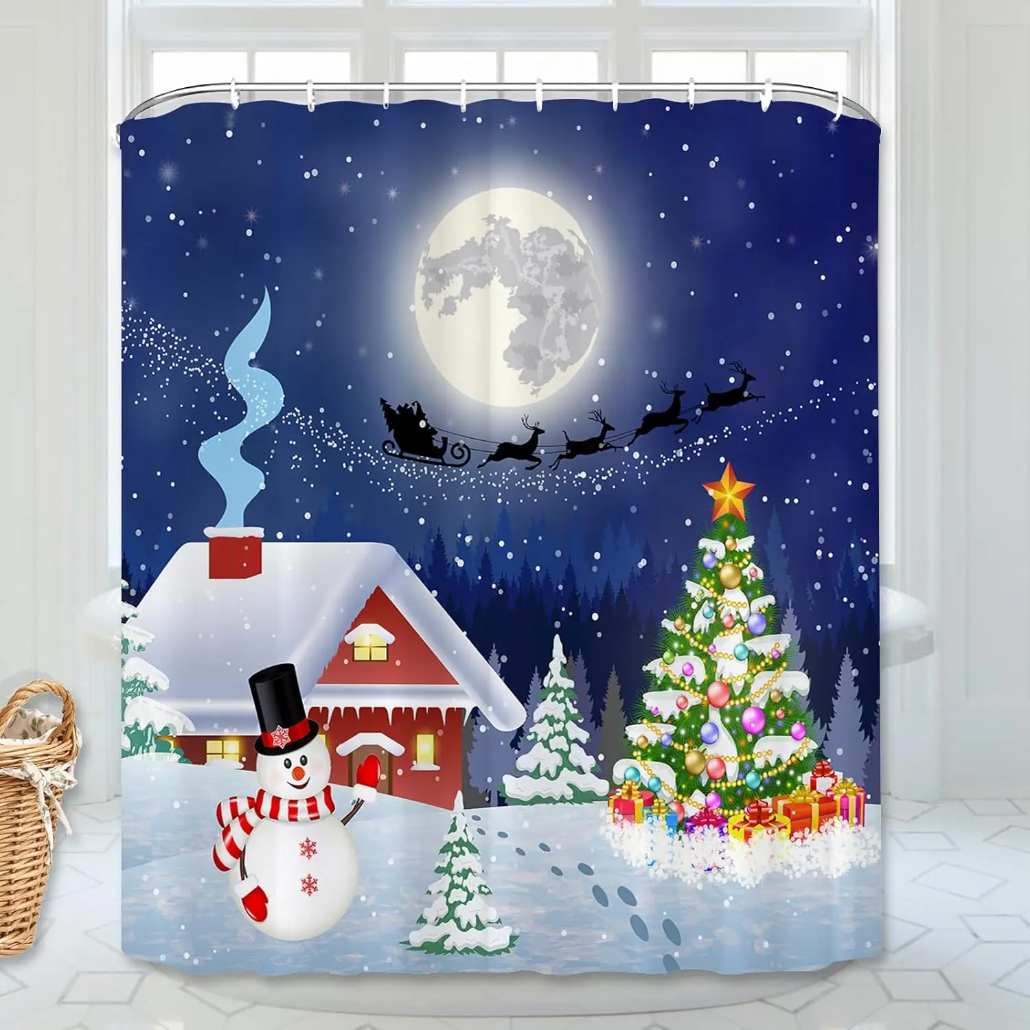 

Christmas Shower Curtain Snowflake Bathroom Curtain, Merry Christmas Bathroom Decoration Blue Cartoon Snowman Bathroom Decor