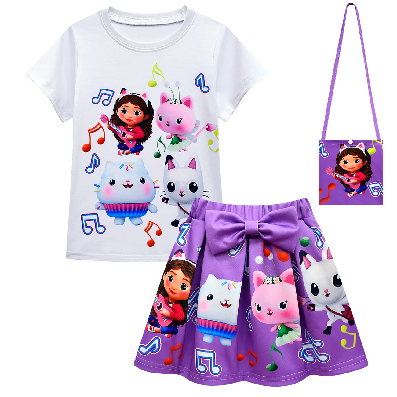 Gabby\'s Dollhouse Girls Clothes Sets Summer Cats-tastic Tops+Bow Cartoon Print Skirt+Bag+Headband 4pcs Children\'s Clothing Suit