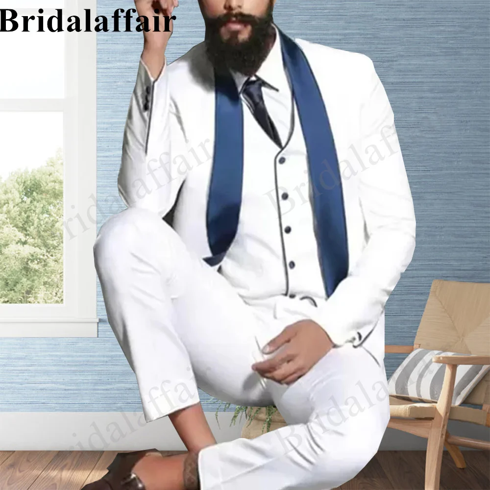 Bridalaffair Men's Suits Navy Blue Satin Fabric Elegant Wedding Tuxedo Formal Party Men Suits 3Pcs Blazer Jacket Pant Vest Set