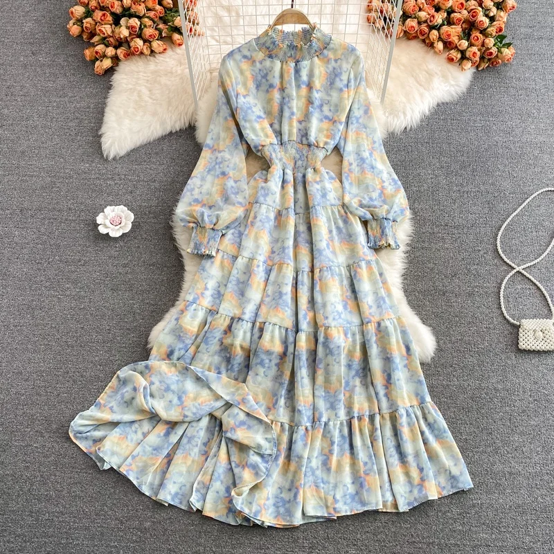 Vestido Longo E com Estampa Floral e Gola Alta em Camadas com Estilo Coreano e Manga Longa