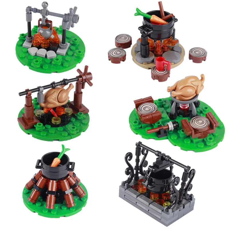 MOC Medieval Building Accessories Building Blocks Military Castle Scene Roman Soldiers Siege Weapons Campsite campfire Tent Toys