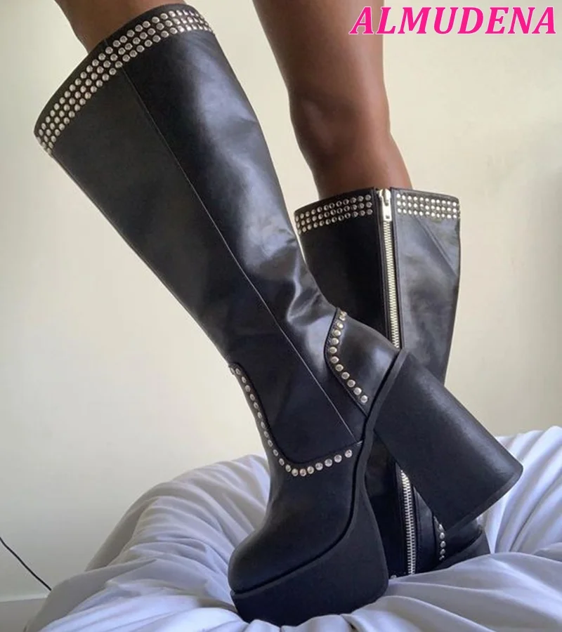 

Black Studed Platform Knee High Boots Women Round Toe Chunky Heel Leather Zipper Long Boots Luxury Designer Big Size Shoes