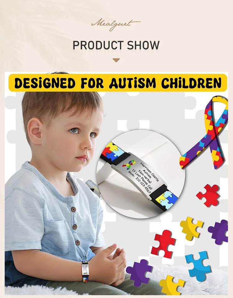 Personalisiertes Autismus-Asperger-Armband für kleine Jungen und Mädchen, graviertes medizinisches Alarm-ID, verstellbares Silikonarmband, graviertes Geschenk – Detail 1