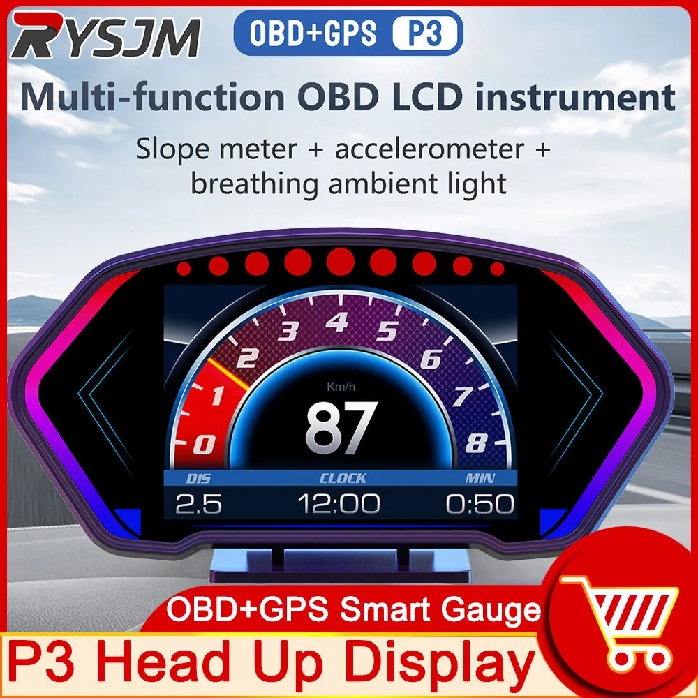 

P3 Multi-function HUD Head Up Display OBD+GPS Dual System Smart Gauge Speedometer Odometer Tachometer Slope Meter Clock ECT VLT