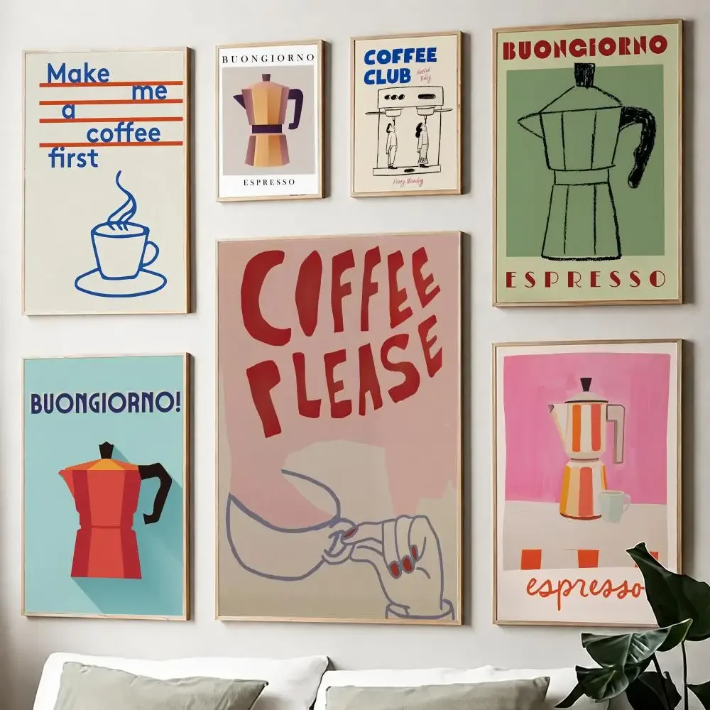 Modernes, trendiges Retro-Vintage-Poster mit Pasta- und Kaffee-Motiv, Papierdruck für Wohnzimmer, Schlafzimmer, Eingang, Bar, Café, Kunstgemälde, Dekoration