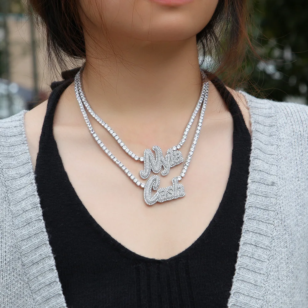 

Personalized Iced Out Crystal Baguette Initials CUSTOM Gold Silver Tennis Chain ICY MIAMI BAGUETTE LETTER CHARM Name Necklace