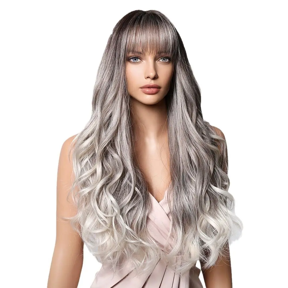 Women's gradient grey large wave long curly wig natural full head cover