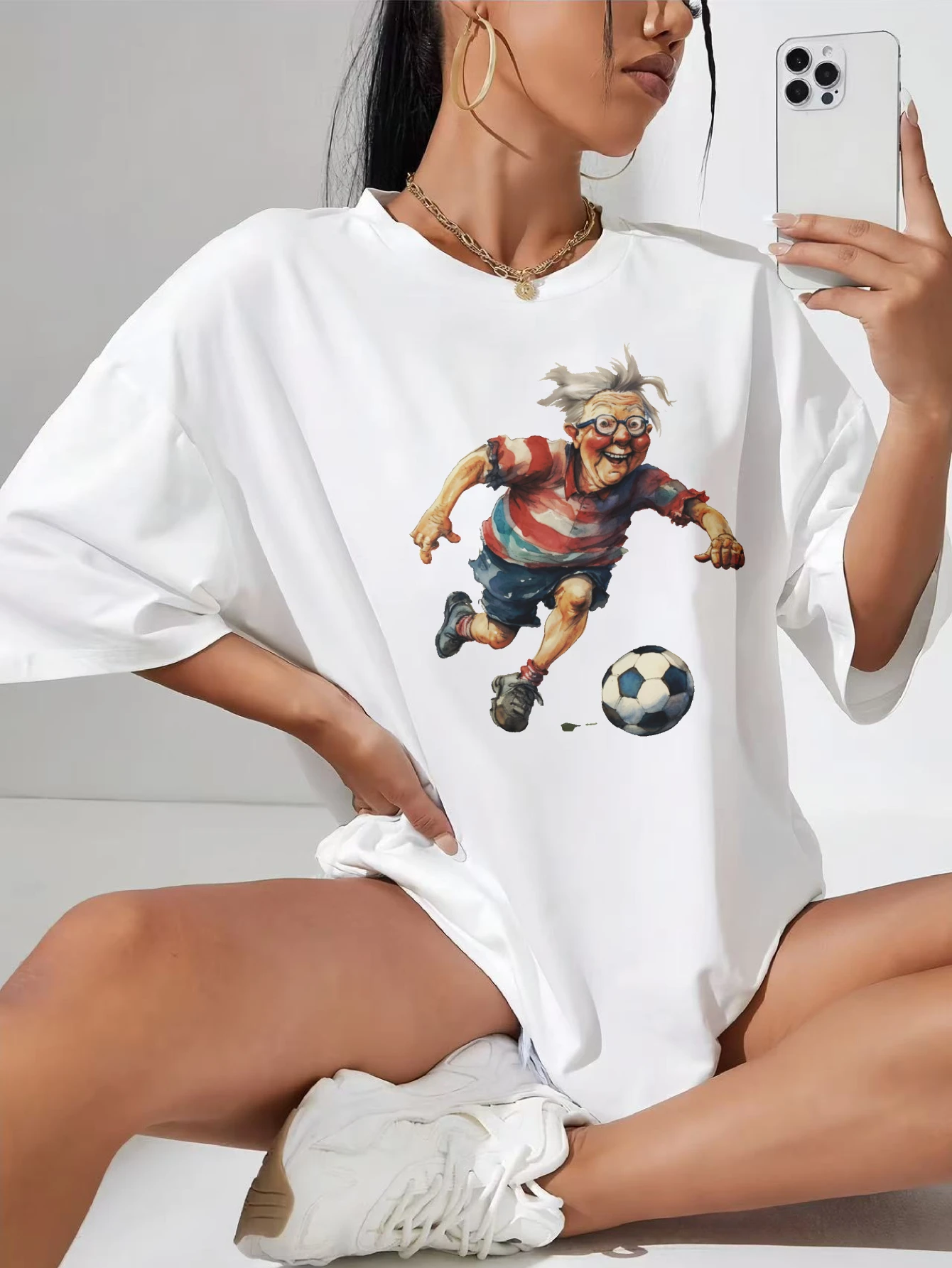 

Crazy-Granny-Footballers White Loose Fit Round Neck T-Shirt Perfect for Casual Wear Relaxing Summer Days