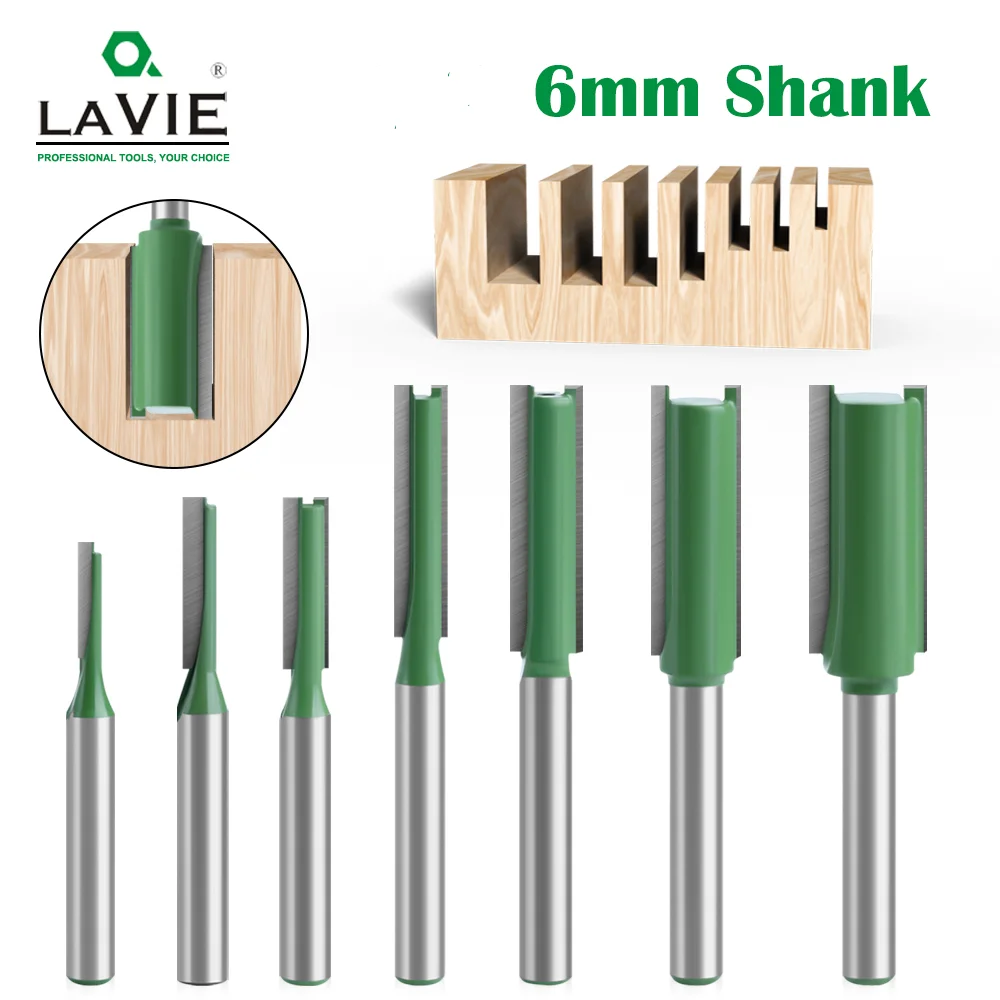 LAVIE 7pcs 6mm Shank Single Double Flute Straight Bit Milling Cutter For Wood Tungsten Carbide Router Bit Woodwork Tool MC06021