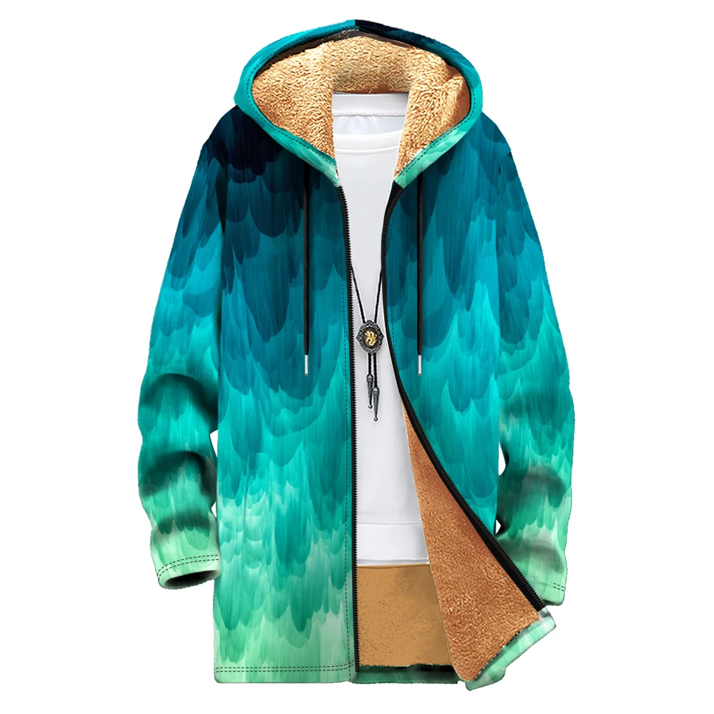 Winter Long Parka Printed Cardigan Coats Fleece Lined Trendy Colors Gradient Hooded Jacket Warm Outerwear Oversize Men Women