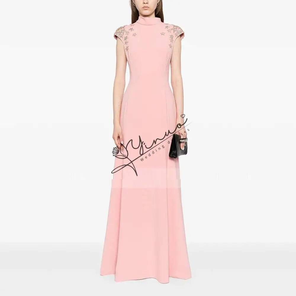 Customized Elegant Wedding Guest Dresses Pink Mermaid Crystals Cap Sleeves Formal Party Gowns for Women High Collar Trumpet Eve