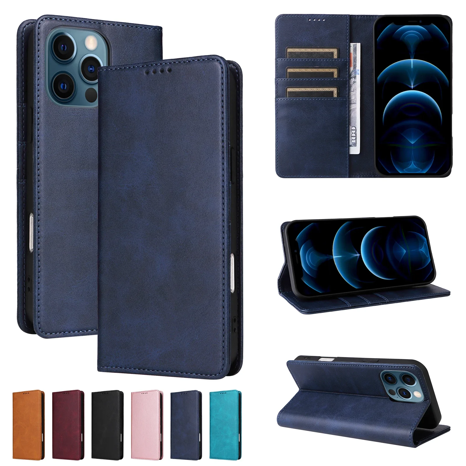 

6X*solid color Leather Case Wallet Flip Phone Case For iPhone12 iPhone13 iPhone14 iPhone15 iPhone16 Pro Plus ProMax