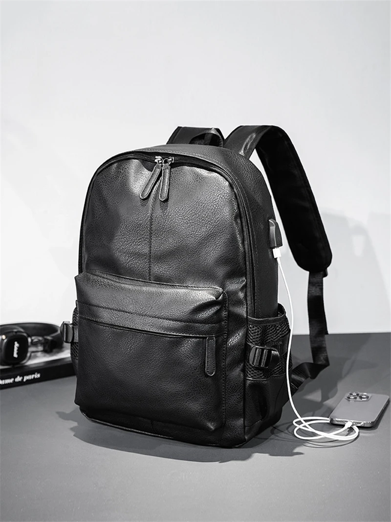 Black Leather Men Backpack Genuine Travel Bag Casual Daypack Fashion School s Large Laptop Soft Skin 14 Backpack