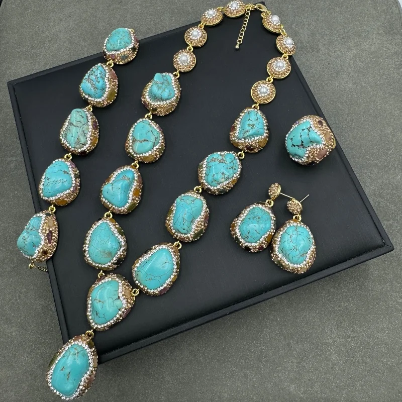 

Jewelry Set white pearl green howlite Turquoise Necklace Bracelet Earrings Ring NATURE beads for woman's party wedding