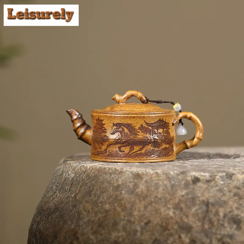 

200ml Yixing Purple Clay Teapots Handmade Bamboo Joint Pot Raw Ore The Keel Gold Sand Mud Tea Maker Kettle Infuser Zisha Tea Set