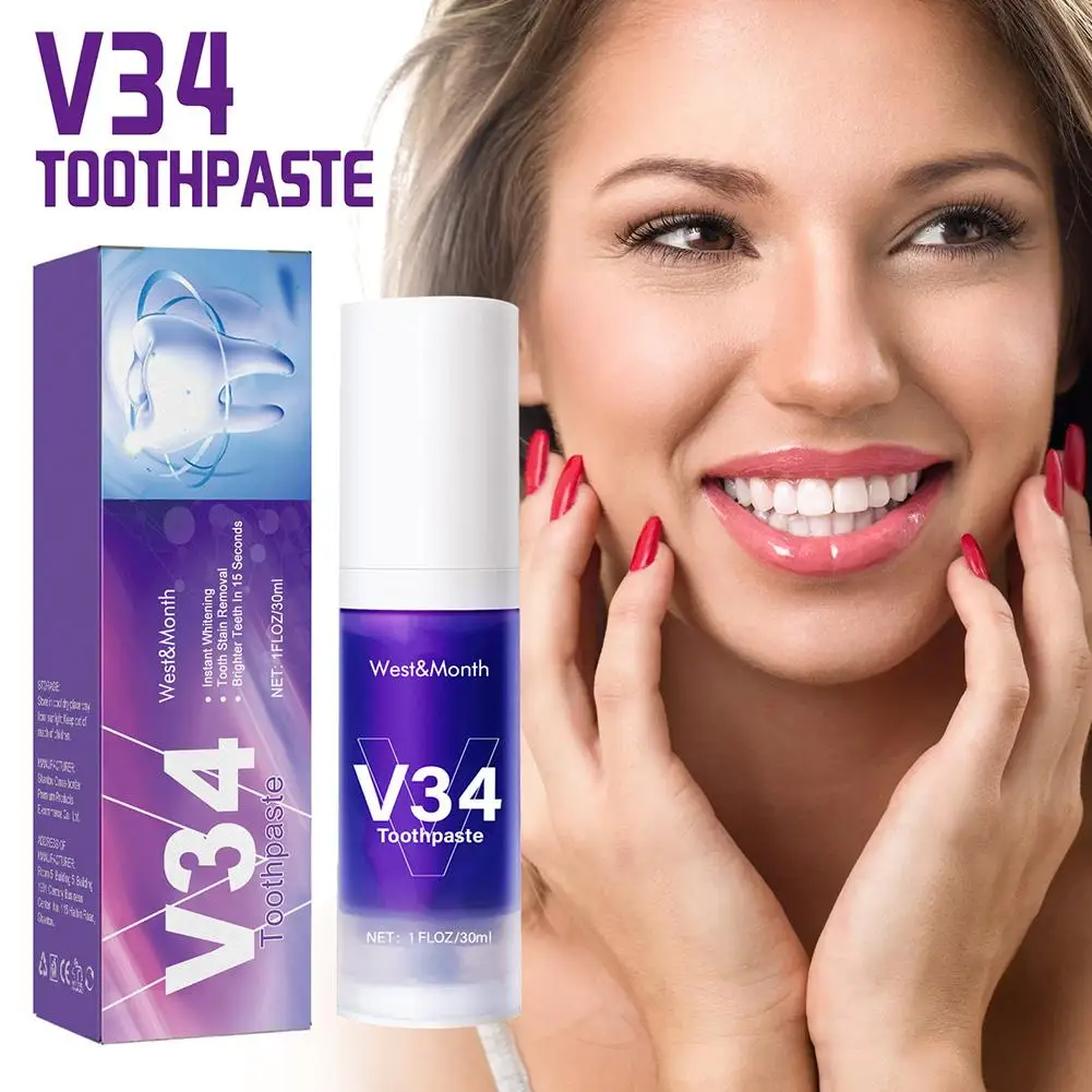 V34 Paars Whitening Tandpasta Verwijderen Tandvlekken Reinigen Mondhygiëne Bleken Tandheelkundige Gereedschappen Frisse Adem Tandverzorging 30 ml