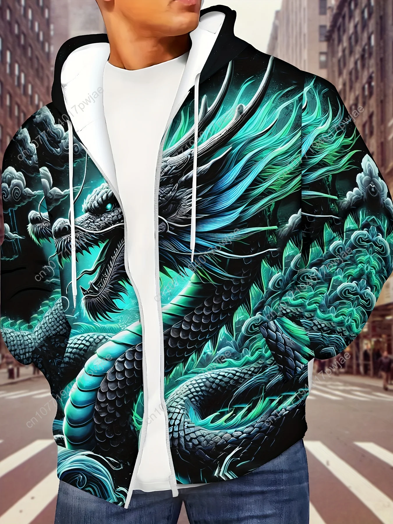 Sweat à capuche zippé à manches longues pour hommes avec motif de Dragon bleu, veste d'extérieur décontractée d'automne et d'hiver avec cordon de serrage et poches,
