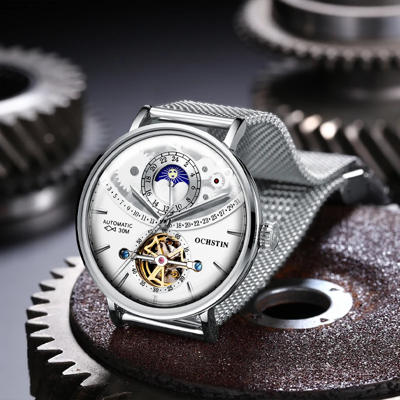 OCHSTIN Man High-Grade Cooktop Glass Skeleton Men's Stainless Steel Mesh Bracelet Watches Mechanical Flying Tourbillon Watch