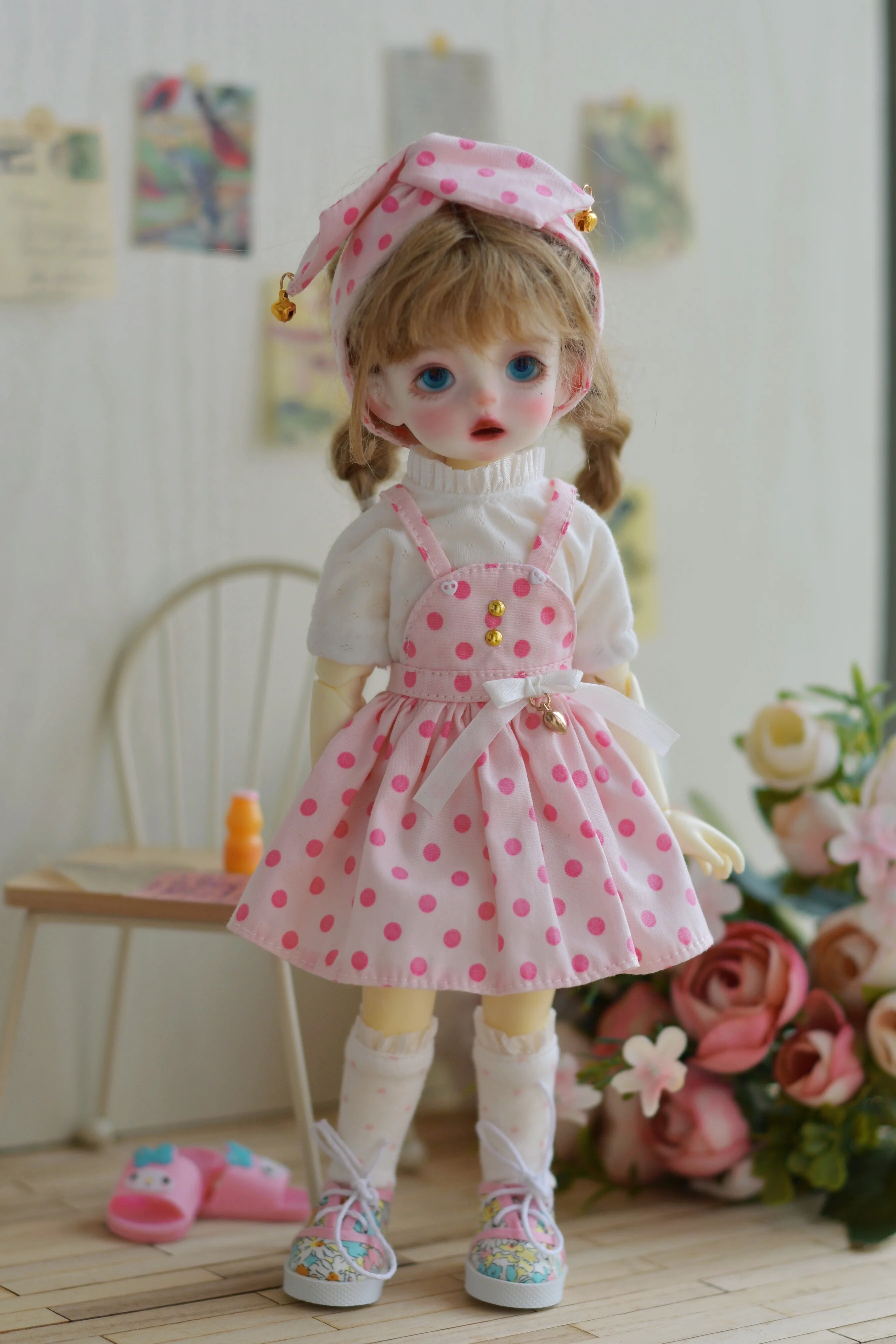 New in Blythe clothes 1/6 30cm Pink polka dot back dress bjd toys cloth