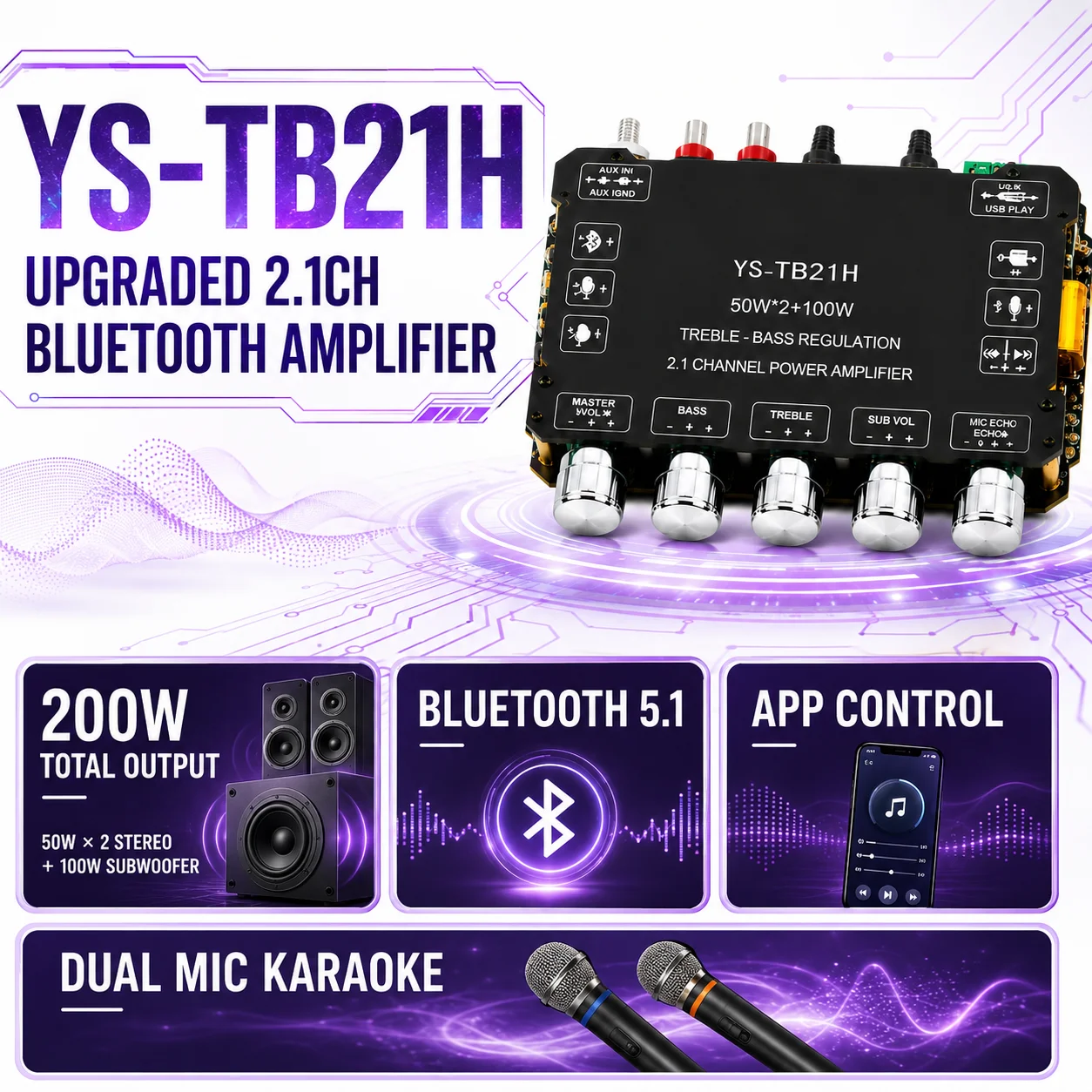 YS-TB21H 2.1 Channel Bluetooth 5.1 Amplifier Board 200W 50W×2+100W Subwoofer APP Dual Mic AUX USB HiFi DIY Audio Amp