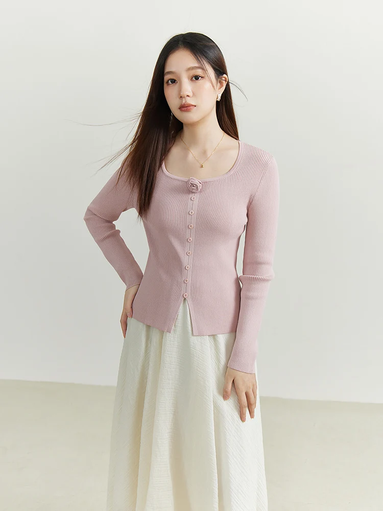 DUSHU Simple Sweet Knitted Bottom Shirt 2024 Spring New Comfortable Slimming Top For Women Green Beige Pink Tops 24DS81240