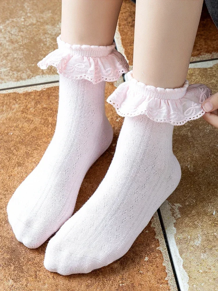 Kids Girls Cute White Princsee with Ruffles Lace Sock for Baby Spring Autumn Cotton Frilly Dance Toddler Short Ankle Stockings