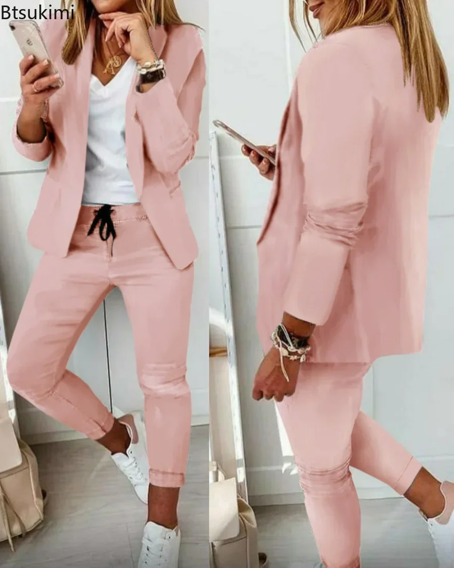 2024 Women\'s Two Piece Pant Suit Set Outfits Spring Autumn Turn Down Print Blazer Coat Drawstring Pants Suit Women Casual Sets