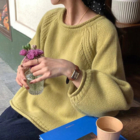 Rimocy Chic Round Neck Autumn Sweater Women Balloon Sleeve Knitted Jumpers Woman Solid Color Long Sleeve Korean Sweaters Ladies