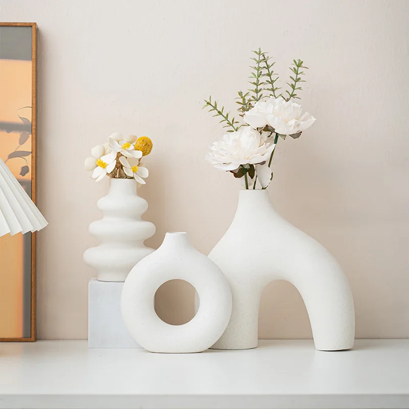3Pcs Matte White Ceramic Vase Set Abstract Geometric Hollow Donut Shape Modern Minimalist Dry Flower Vase Home Table Decor