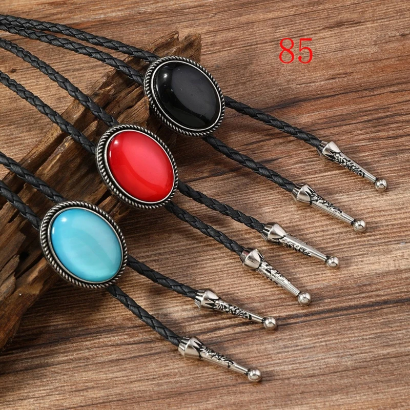 Vintage Elegant Stone Cowboy Black Hat Bolo Tie with Gemstones Leather Rope Pendant Necktie Jewelry Western Tie for Men Women