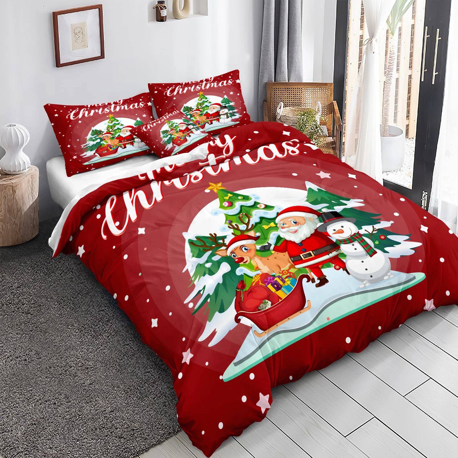 Christmas Comforter Set White Snowflake Bedding Comforter Set  Elk Deer Men Merry Christmas Festival Bedding Set