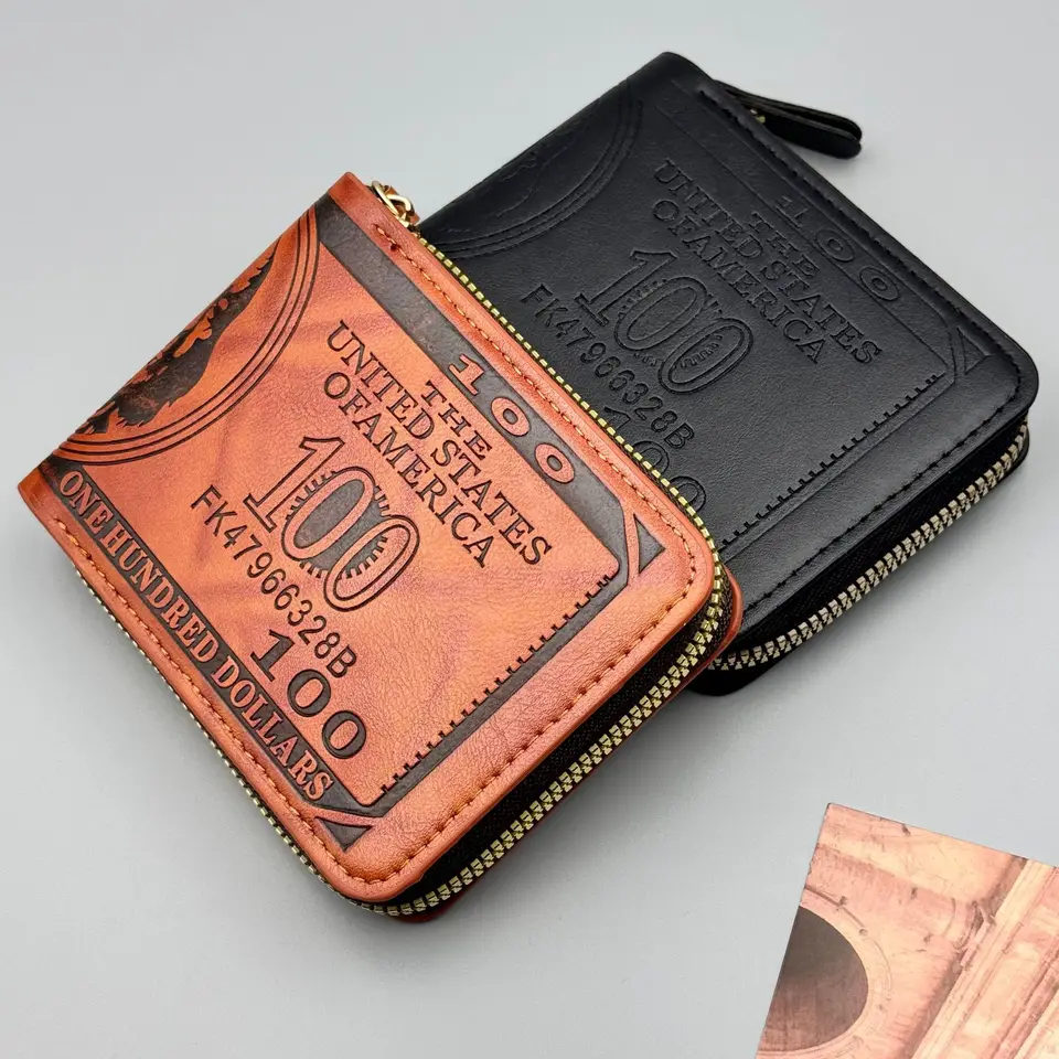 Men's Retro printing Wallet, Ultralight Slim Zip Coin Wallet