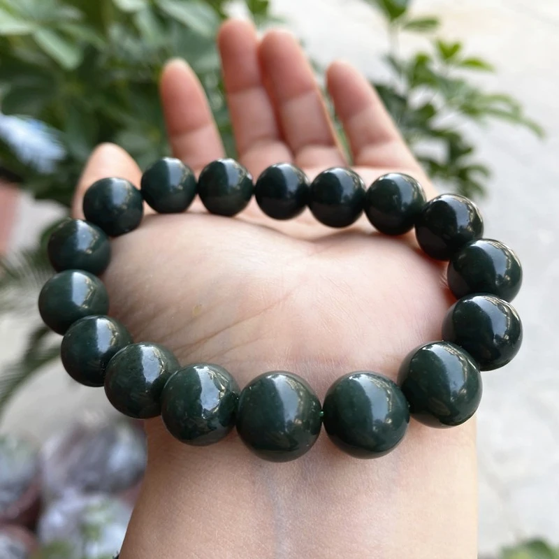 Natural high-quality Hetian jade hand string sapphire round bead single loop bracelet men's and women's jade bracelet