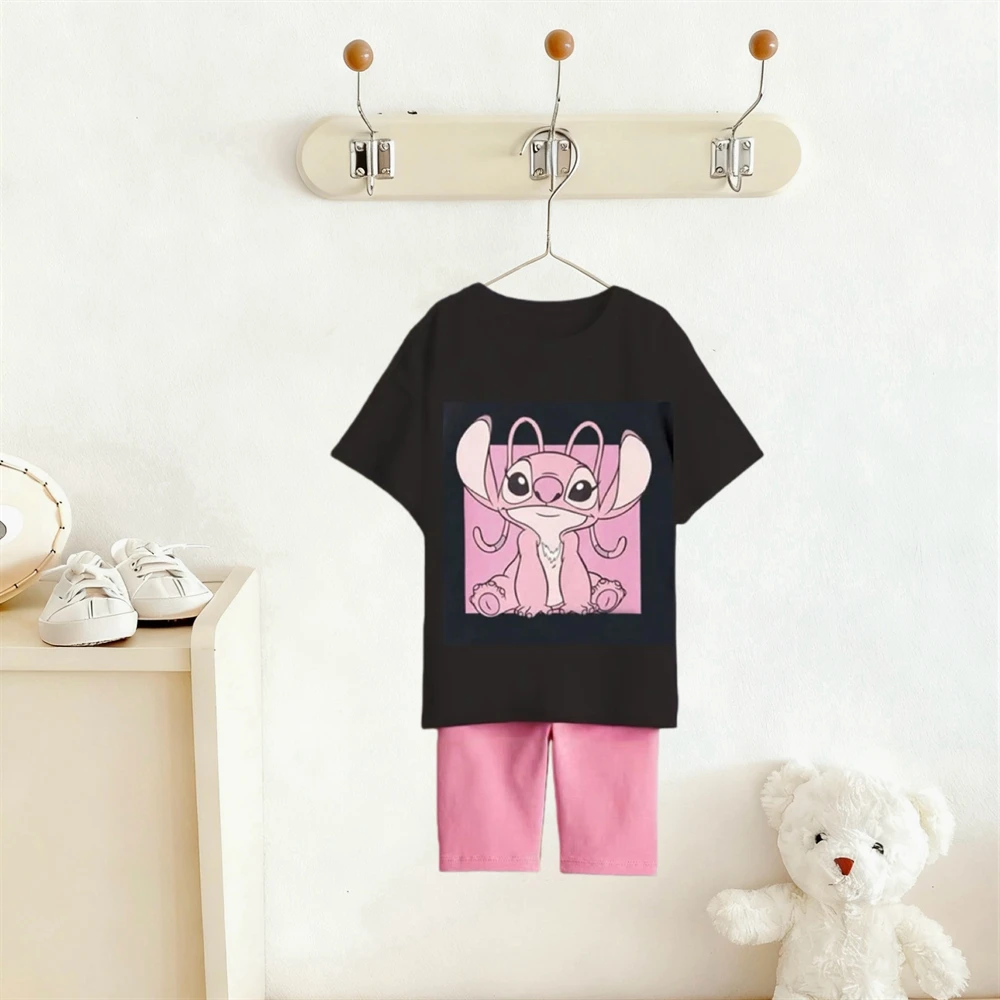 قميص أسود + شورت وردي 2 قطعة ملابس الصيف الرضع لطيف الطباعة تيز موضة تنوعا السراويل تصميم جديد ملابس المنزل وتتسابق