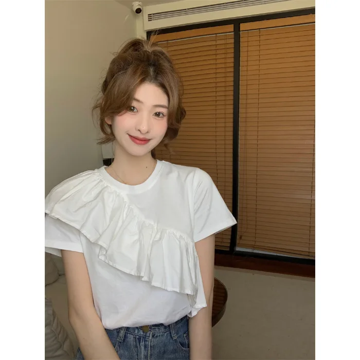 قصيرة الأكمام خارج الكتف قميص تي شيرت النمط الفرنسي تكدرت هيم الصيف الجينز قصيرة بسيطة عارضة أعلى، الصيف