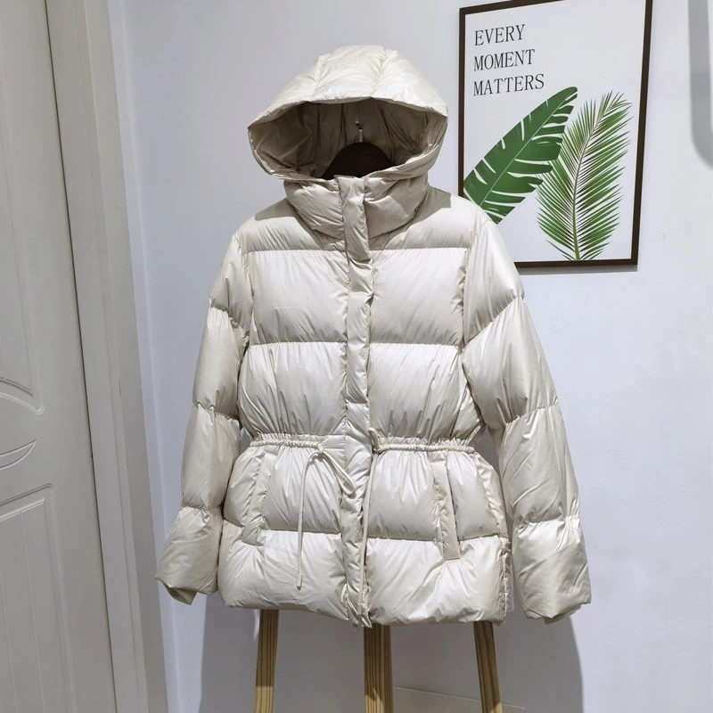 Schinteon Women Belted Down Jacket with Hood Autumn Winter Warm Thick Outwear White Duck Down Casual Coat 2025 New