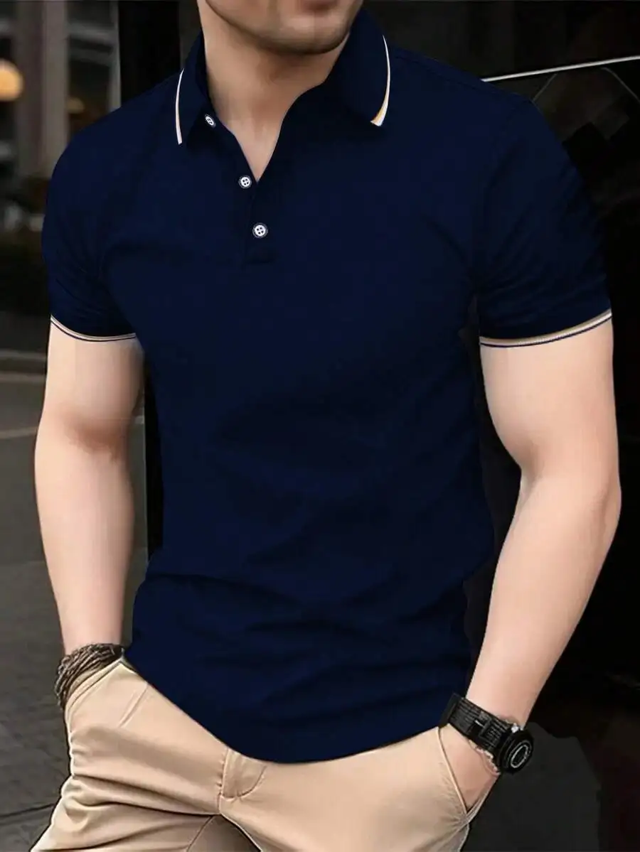 

Men's Navy Blue Short Sleeve Polo Shirt with Contrast Trim for Casual or Business Wear