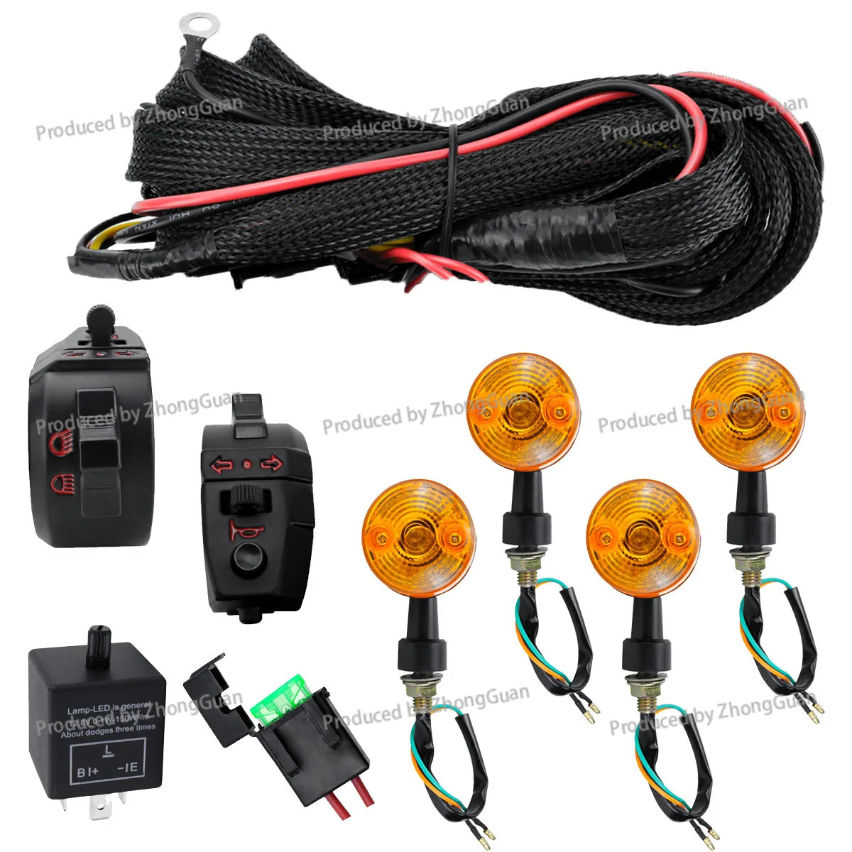 Motorcycle Atv Turn Signal Light with Wiring Harness Kit Adjustable Flasher Relay Signal Light Horn Combo Kit