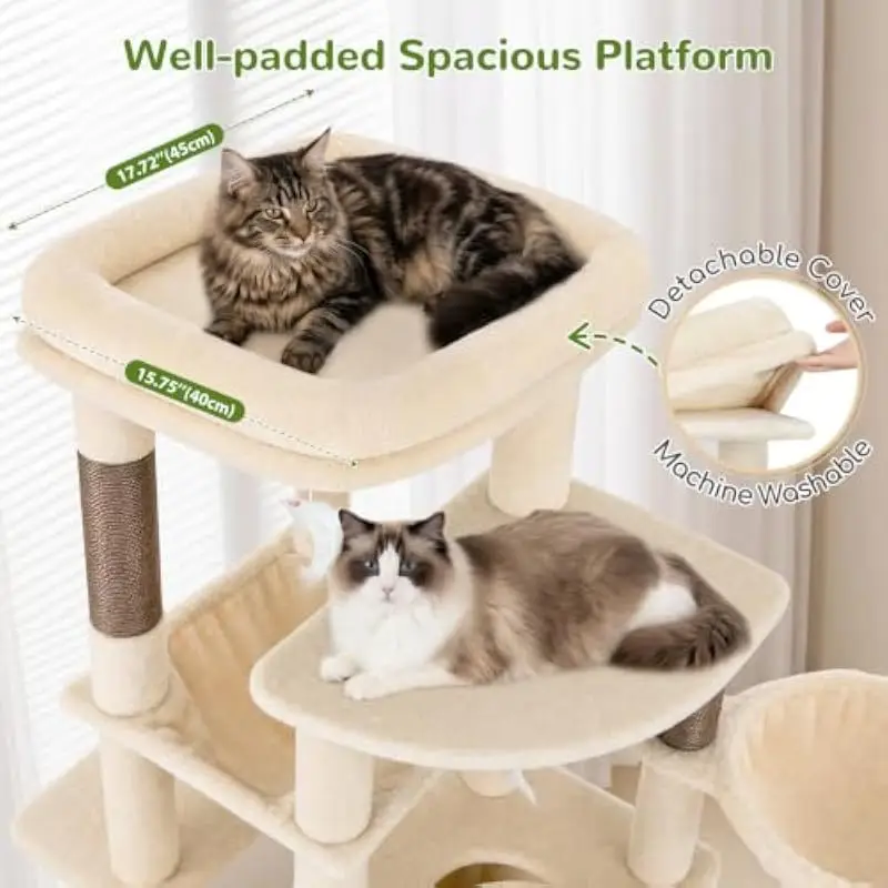 Sturdy 51-inch multi-level cat tower with trapezoidal base for stability, anti-tip strap, 4 sisal scratching posts, dedicated sc