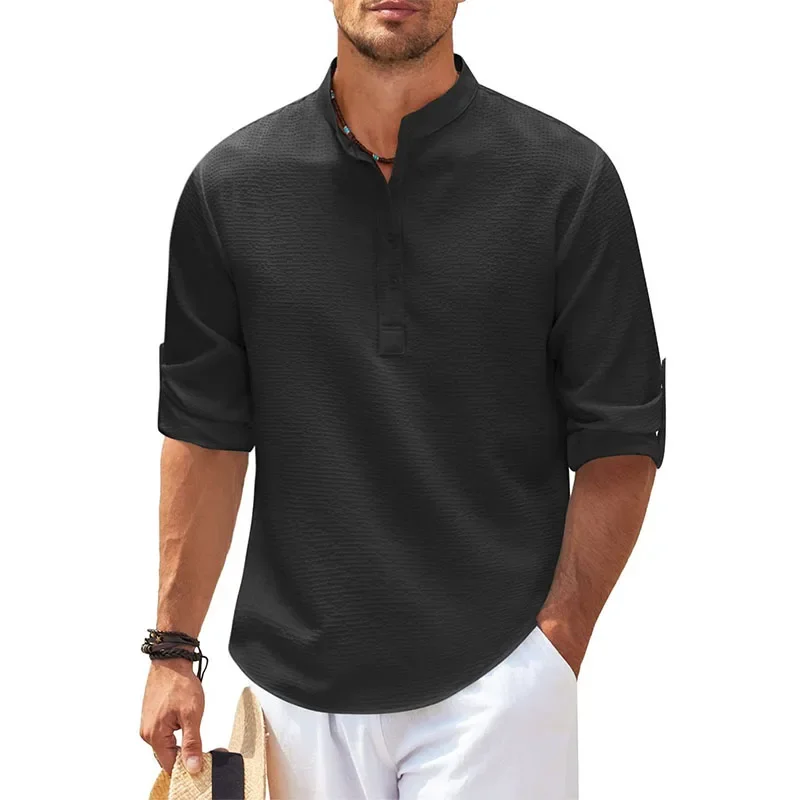 Camisa de manga larga con cuello levantado para hombre, blusa informal con botones, Color sólido, holgada, estilo playero, S-5XL, primavera y otoño, 2024