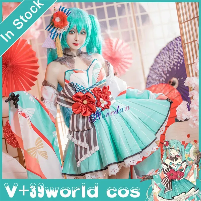 39 Cultura Mundo Miku Vestido tipo kimono Mujer Niña Uniforme Traje Anime Fiesta de Halloween Cosplay Disfraz Wigc;8,k'5;h.