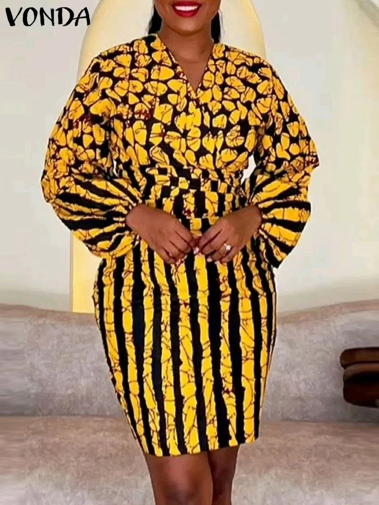 

Plus Size 5XL VONDA Women Elegant Dress Bohemian Printing Vestidos Oversized V-Neck High Waist Belt Sundress Long Sleeve Robe