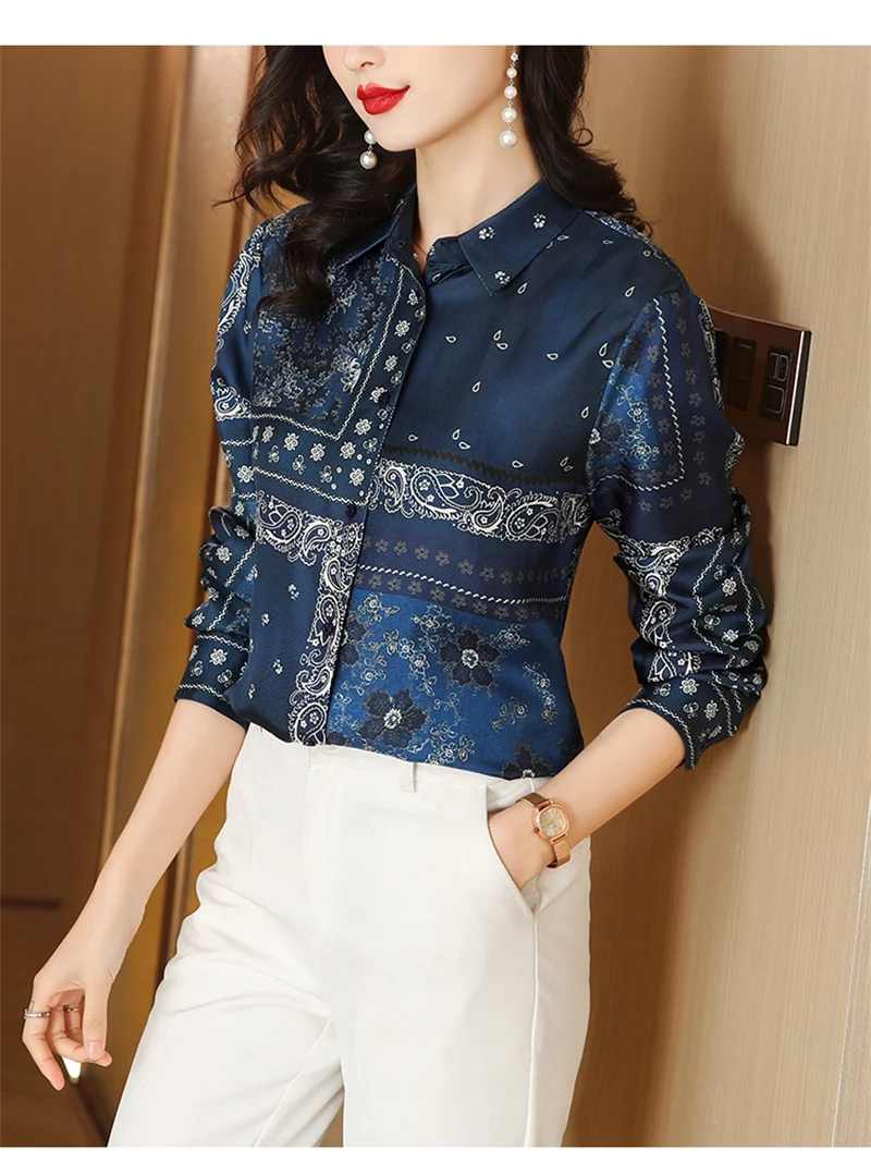 FANIECES S-4XL Office Lady Turn Down Collar Blue Print Shirt Lapel Tops Fashion Long Sleeve Blouse Casual Tops Vintage Clothes