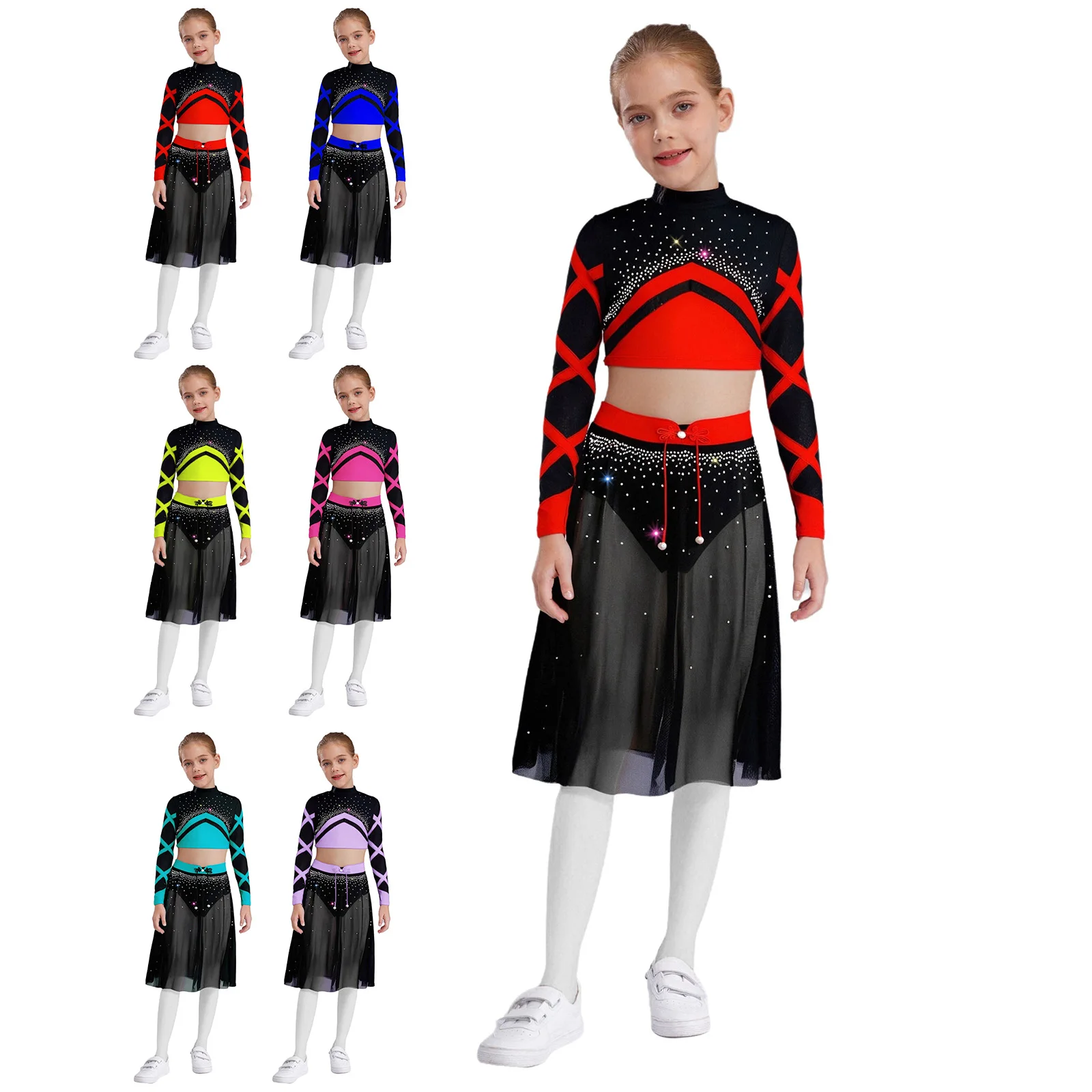 여자 리리컬 모던 댄스 의상 반짝이는 라인스톤 크롭 탑 사이드 슬릿 메쉬 스커트 체조 발레 피겨 스케이팅 의상