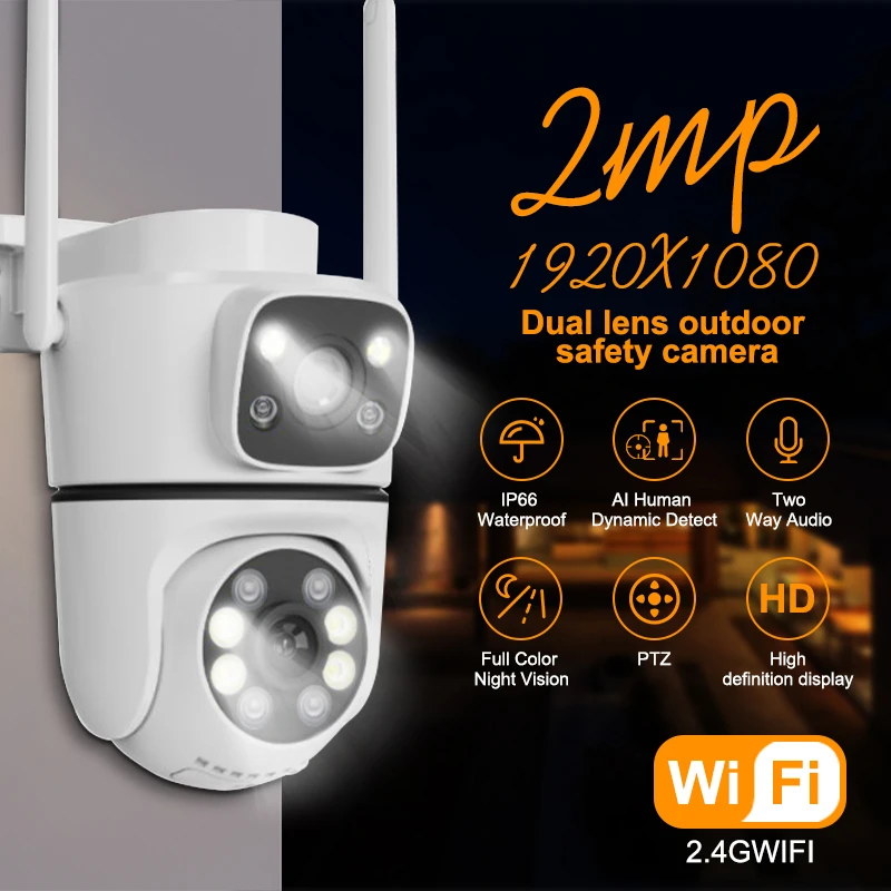 

HD Dual Lens IP66 Waterproof Outdoor Surveillance Camera Full Color Night Vision AI Dynamic Detection Two-Way Voice